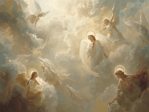Angels in Heaven Wall Art Printable Celestial Divine Illustration Spiritual Fantasy Sacred Light Aesthetic Digital Download