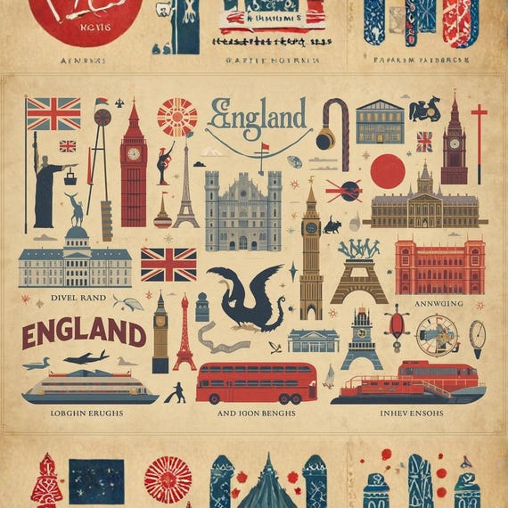 Vintage England Illustration Wall Art Printable British Landmarks Travel Poster Classic UK Countryside Decor Digital Download