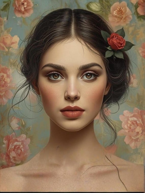Girl Portrait with Flowers in Hair Wall Art Printable Floral Background Botanical Aesthetic Feminine Home Decor Digital Download