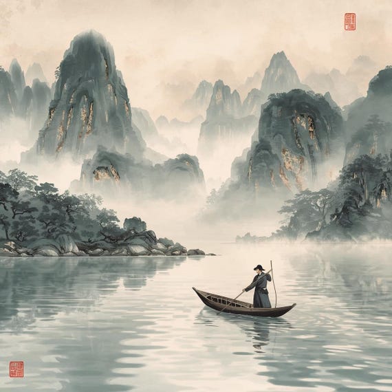 China Landscapes Wall Art Printable Traditional Asian Scenery Mountain River Nature Travel Illustration Digital Download