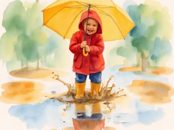 Child in Rain Raincoat Umbrella Wall Art Printable Watercolor Illustration Cute Rainy Day Kids Art Nursery Decor Digital Download