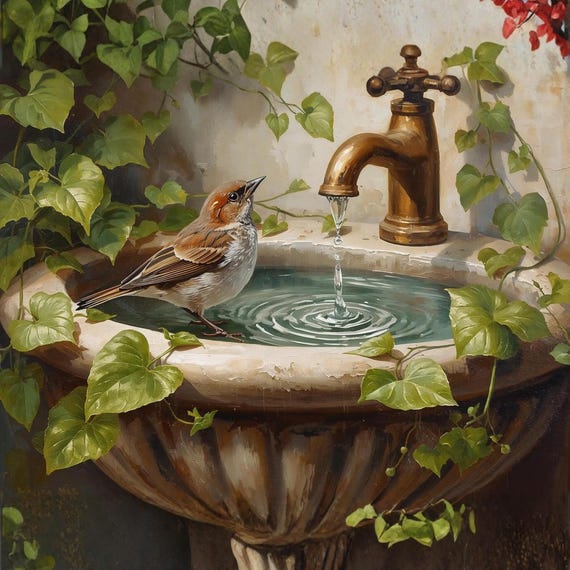 Sparrow on Vintage Sink Wall Art Printable Rustic Bird Still Life Cottagecore Nature Aesthetic Digital Download