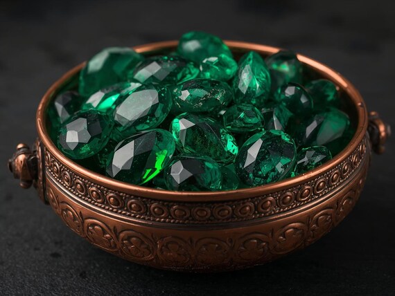 Emeralds in Antique Copper Bowl Wall Art Printable Luxury Still Life Jewel Tone Vintage Elegance Digital Download Home Decor