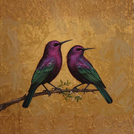Metallic Purple Birds Oil Painting Wall Art Printable Emerald Green Wings Abstract Nature Fantasy Art Digital Download