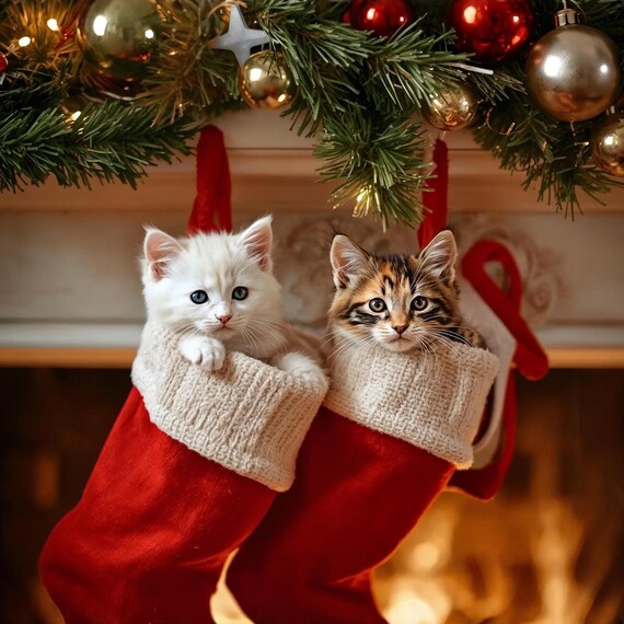 Kittens in Christmas Stockings Wall Art Printable Cute Holiday Cat Illustration Festive Winter Nursery Decor Digital Download