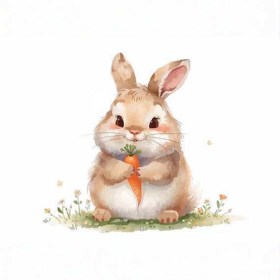 Fluffy Rabbit Watercolor Painting Wall Art Printable Cute Bunny with Carrot Nursery Decor Soft Animal Illustration Digital Download