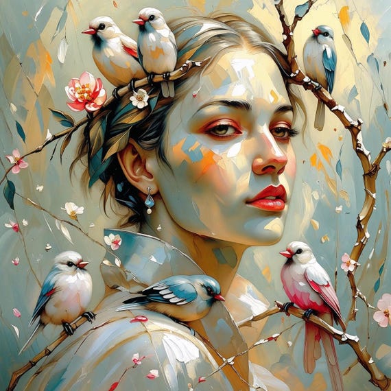 Portrait of a girl and birds