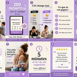 May include: A promotional graphic in purple and white, advertising "Maman IA" with "200 Prompts IA for Parents." The image features text, icons, and illustrations of a woman and children, promoting a product to simplify life.
