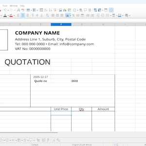 May include: Screenshot of a spreadsheet software displaying a quotation form. The form includes fields for company information, client details, and a table for itemized pricing. The document is open on a computer screen.