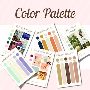 Könnte beinhalten: Eine Sammlung von Farbpaletten-Designbeispielen mit dem Text "Color Palette" in einer braunen Schriftart. Die Beispiele umfassen Farbfelder und Bilder für einen Blumenladen, ein botanisches Studio und eine Schreibwarenmarke.