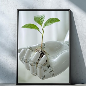 Peut inclure: Impression encadrée d'une main robotique tenant une petite plante avec des feuilles vertes et des racines visibles. La main est blanche et métallique, avec des articulations. Fond blanc flou.