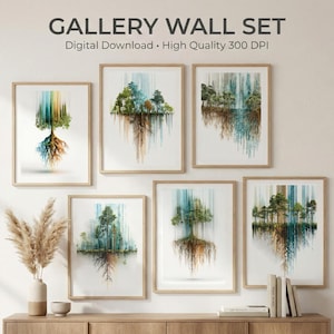 Könnte beinhalten: Ein Galeriewand-Set mit sechs gerahmten Kunstdrucken mit Aquarell-Baummotiven. Die Kunstwerke zeigen Bäume mit sichtbaren Wurzeln und farbenfrohem Laub in Grün-, Blau- und Brauntönen. Der Text "GALLERY WALL SET" befindet sich oben.