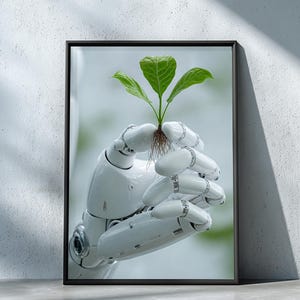 May include: A framed print featuring a white robotic hand delicately holding a small plant with green leaves and visible roots. The image is set against a soft, blurred background, emphasizing the contrast between technology and nature.