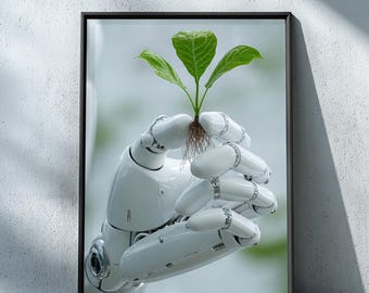 Konzeptkunst zur KI-Symbiose, Poster für einen Neubeginn, Symbolische Harmonie von Technologie und Natur, Gemälde zur zukünftigen Evolution, Science-Fiction-Poster