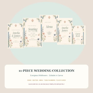 Puede incluir: Una colección de cinco plantillas rectangulares de papelería de boda con un diseño de marco arqueado e ilustraciones florales en tonos azul, rosa y verde apagados. El texto incluye "Amelia & James", "Seating", "Menu" y "Guest Book".