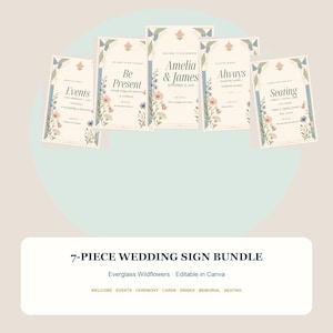 Puede incluir: Un conjunto de siete letreros de boda sobre un fondo crema con ilustraciones florales en rosa y azul. Los letreros muestran texto como Events, Be Present, Amelia & James, Always y Seating, con una etiqueta inferior que dice 7-PIECE WEDDING SIGN BUNDLE, Everglass Wildflowers, Editable in Canva y una lista de tipos de letreros.