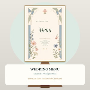 Puede incluir: Una tarjeta de menú de boda rectangular con fondo crema, borde arqueado, ilustraciones florales en azul, rosa y verde, y el texto "DINNER IS SERVED", "Menu", "STARTER", "MAIN COURSE" y "DESSERT" con los platos listados.