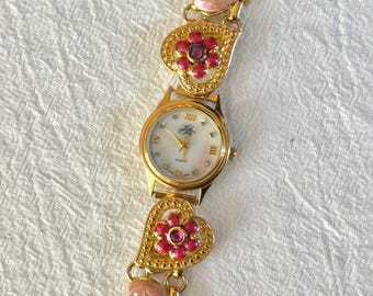 Rare Kirk's Folly Gold Pink Hearts Fairy Whimsical Vintage Working Watch