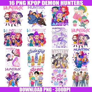 May include: A set of 16 PNG images featuring KPOP Demon Hunters. The images display colourful illustrations of anime-style characters, with text overlays including "HUNTRIX", "SAJA BOYS", and "MY LITTLE SODA POP". The images are set against a white background.
