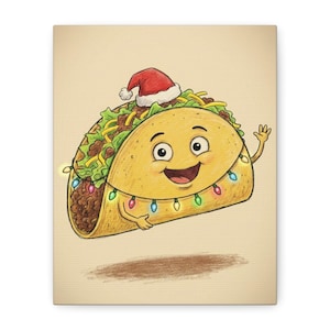 Christmas Taco Canvas Print: Festive Santa Hat, String Lights Wall Art