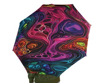 Ombrello pieghevole semiautomatico con grafica fluida al neon, ombrello antipioggia astratto marmorizzato colorato, ombrello da viaggio psichedelico, regalo unico
