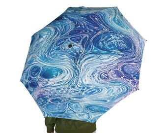 Blue White Fluid Art Semi-Automatic Foldable Umbrella Abstract Marbled Rain Umbrella Sky Ocean Travel Umbrella Unique Gift
