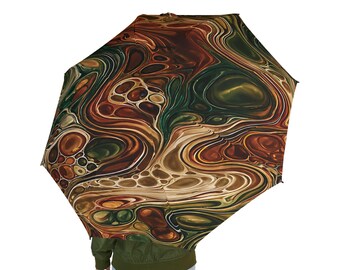 Earth Tone Fluid Art Semi-Automatic Foldable Umbrella Abstract Marbled Rain Umbrella Brown Green Travel Umbrella Unique Gift