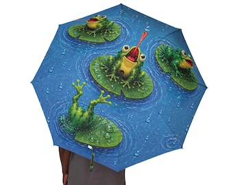 Funny Frog Semi-Automatic Foldable Umbrella Blue Rain Umbrella Cute Frog Pond Umbrella Lily Pad Travel Umbrella Unique Gift