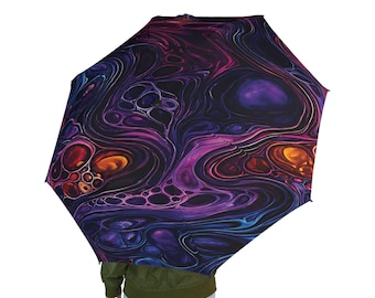 Purple Dark Fluid Art Semi-Automatic Foldable Umbrella Abstract Marbled Rain Umbrella Cosmic Swirl Travel Umbrella Unique Gift
