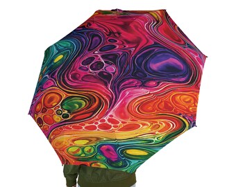 Rainbow Fluid Art Semi-Automatic Foldable Umbrella Colorful Abstract Rain Umbrella Marbled Travel Umbrella Unique Gift