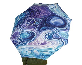 Blue White Fluid Art Semi-Automatic Foldable Umbrella Abstract Marbled Rain Umbrella Ocean Swirl Travel Umbrella Unique Gift