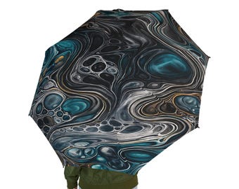Ombrello pieghevole semiautomatico con effetto fluido blu grigio, ombrello astratto marmorizzato da pioggia, ombrello moderno a spirale da viaggio, regalo unico