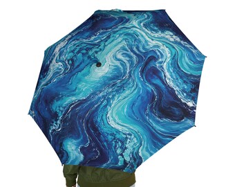 Ocean Wave Semi-Automatic Foldable Umbrella Blue Marble Rain Umbrella Abstract Water Travel Umbrella Coastal Gift