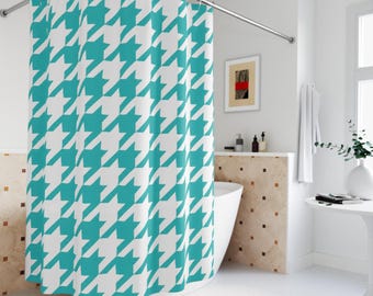 Tenda da doccia a pied de poule turchese e bianca, decorazione moderna per il bagno, tenda da bagno geometrica audace, tenda da bagno con motivo chic