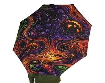 Halloween Fluid Art Semi-Automatic Foldable Umbrella Pumpkin Abstract Rain Umbrella Spooky Marbled Travel Umbrella Unique Gift