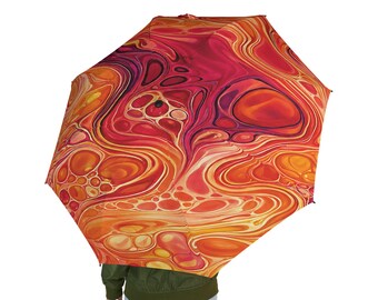 Orange Fluid Art Semi-Automatic Foldable Umbrella Abstract Marbled Rain Umbrella Sunset Swirl Travel Umbrella Unique Gift