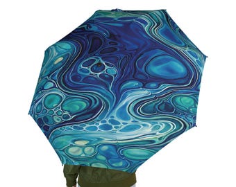 Blue Aqua Fluid Art Semi-Automatic Foldable Umbrella Abstract Marbled Rain Umbrella Ocean Travel Umbrella Unique Gift