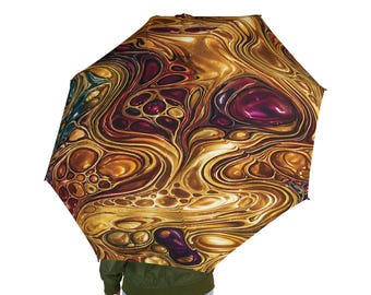 Ombrello pieghevole semiautomatico color marrone dorato con effetto fluido, ombrello astratto marmorizzato da pioggia, ombrello da viaggio di lusso con vortici, regalo unico