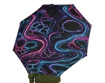 Blue Purple Fluid Art Semi-Automatic Foldable Umbrella Abstract Marbled Rain Umbrella Neon Swirl Travel Umbrella Unique Gift