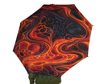 Red Black Fluid Art Semi-Automatic Foldable Umbrella Abstract Marbled Rain Umbrella Fiery Swirl Travel Umbrella Unique Gift