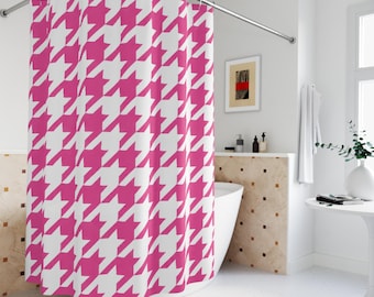 Tenda da doccia a pied de poule rosa e bianca, decorazione moderna per il bagno, tenda da bagno geometrica audace, tenda da bagno con motivo chic