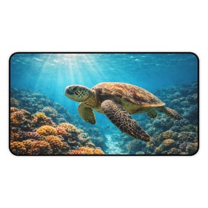 Sea Turtle Desk Mat – Coral Reef Underwater Mouse Pad – Large Ocean Desk Decor
