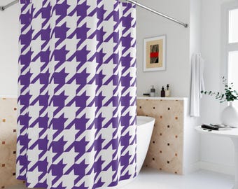 Tenda da doccia a pied de poule viola e bianca, decorazione moderna per il bagno, tenda da bagno geometrica audace, tenda da bagno con motivo chic