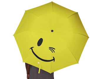 Smiley Face Semi-Automatic Foldable Umbrella Yellow Happy Rain Umbrella Funny Minimalist Travel Umbrella Cute Gift Idea