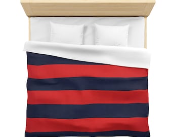 Copripiumino a righe rosse e blu navy, biancheria da letto moderna e audace, copripiumino di lusso in stile preppy, arredamento camera da letto ispirato al polo, singolo, matrimoniale, king size