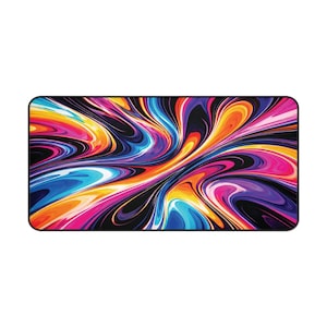 Peut inclure: Tapis de souris rectangulaire avec un design abstrait vibrant. Le motif présente des lignes tourbillonnantes orange, jaune, rose, violet, bleu et noir, créant un effet visuel dynamique et coloré. Le tapis a une bordure noire.