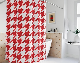 Tenda da doccia a pied de poule rossa e bianca, decorazione moderna per il bagno, tenda da bagno geometrica audace, tenda da bagno con motivo chic