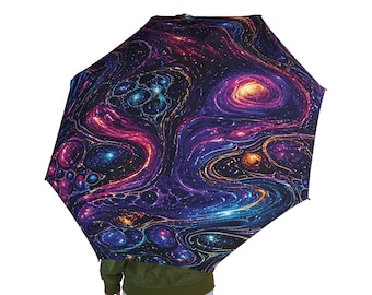 Galaxy Fluid Art Semi-Automatic Foldable Umbrella Cosmic Abstract Rain Umbrella Purple Space Travel Umbrella Unique Gift