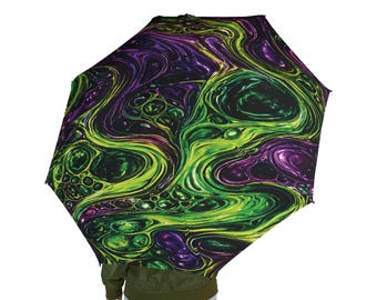 Ombrello pieghevole semiautomatico con effetto fluido verde e viola, ombrello astratto marmorizzato antipioggia, ombrello da viaggio psichedelico, regalo unico
