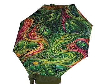 Green Fluid Art Semi-Automatic Foldable Umbrella Abstract Marbled Rain Umbrella Nature Swirl Travel Umbrella Unique Gift
